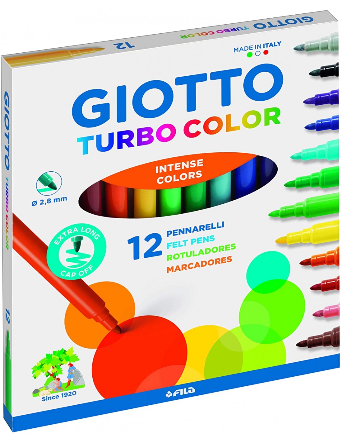 Giotto Turbo Color Confezione da 12 Pennarelli - Punta Fine 2,8 mm. -  Inchiostro ad acqua - Lavabile - Colori assortiti
